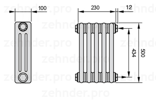 Схема (чертеж) Радиатор Zehnder Charleston 3050/5 №7610 Белый глянцевый RAL 9016